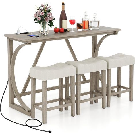 Costway – Table mange debout avec 3 tabourets rembourrés – Bois massif avec prise intégrée – Dimensions 150 x 48 x 92 cm – Pour espaces réduits, gris chêne (1/3)