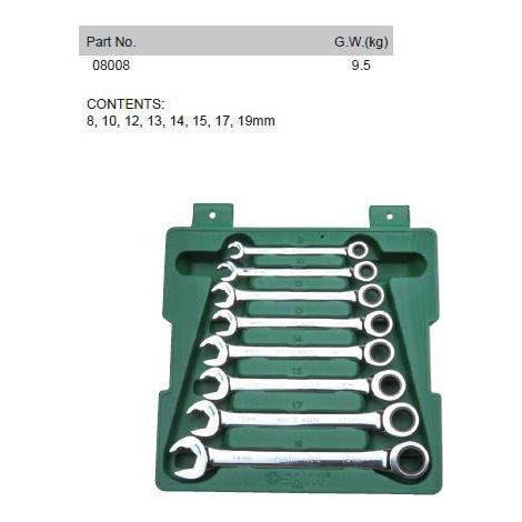SATA ST08008SJ Set de Chiave a cricchetto metricade 8 pezzi, lucidata, misure de 8 mm a 19 mm, in valigetta de Stampo de Soffiato