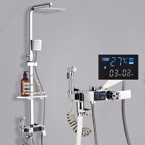 Colonna doccia termostatica con display digitale stile moderno - Set doccia cromato con barra quadrata regolabile, soffione quadrato XXL, doccetta e tubi conformi agli standard europei