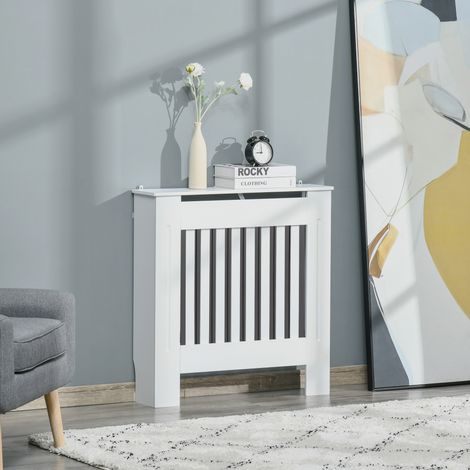 Cache-pot en Bois Blanc pour Radiateur et Chauffage, Habillage Moderne avec Anti-Bascule, Lattes et Surface Utile, 78x19x81cm (1/5)