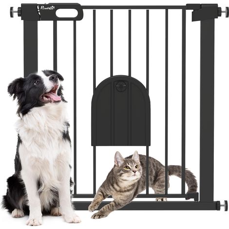 Schwarzes Haustiersicherheitsgitter mit selbstschließender Tür und doppeltem Verriegelungsmechanismus, aus robustem Stahl, ideal für Hunde und Katzen, sichert Treppen und Durchgänge.