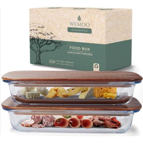 Lot de 2 boîtes à charcuterie en verre et bois d'acacia empilables Récipients à saucisses pour réfrigérateur Bois massif (1/5)