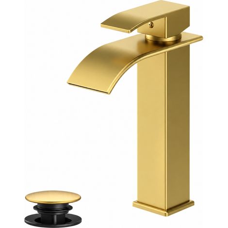 Robinet de lavabo modèle haut doré cascade pour vasque avec bonde de vidage salle de bain inox 304 – Livraison gratuite (1/4)