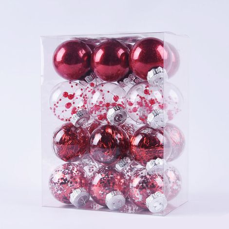 24 boules de Noël rouges, 6 boules de sapin de Noël rouges, 4 styles de décorations pour sapin de Noël, en plastique à suspendre au sapin de Noël (1/5)