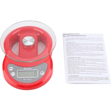 Balance De Cuisine Numérique - Plateforme En Verre - Capacité 5kg Précision 1g - Fonction Minuteur Et Tare - Unités G Lb Oz - Couleur Rouge (1/5)