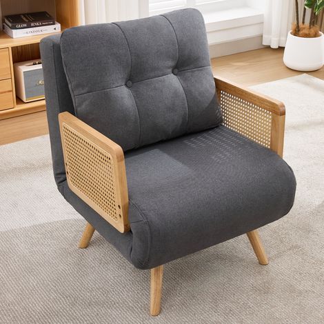 Schlafsessel 67,5/73/86,5 cm in Grau, 3-in-1 mit verstellbarer Rückenlehne und Rattan-Armlehnen