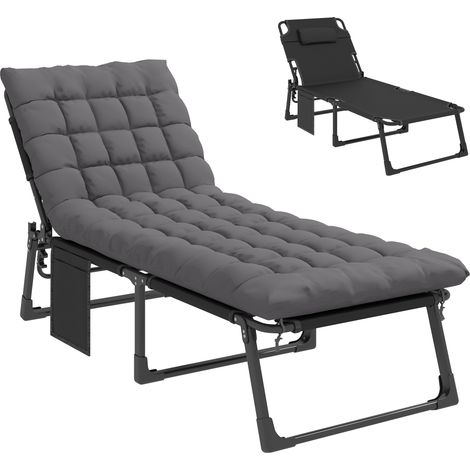 Chaise longue pliable, large chaise longue de jardin avec dossier réglable sur 5 positions, matelas rembourré, appui-tête et poche latérale