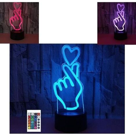 3D Remote Control Heart & Hand Night Light - 16 Colors - LED Acrylic Illusion Lamp - Bedside Lamp (1/4)