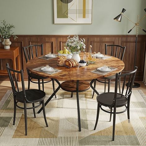 Table à manger ronde Ø120cm Table de cuisine industrielle avec étagère rangement en bois MDF et métal Marron rustique Salon (1/5)