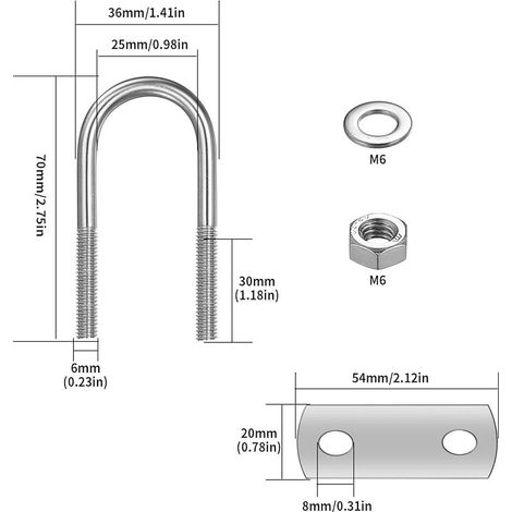 6 Pièces Boulons en U, M6 U-Bolts, Boulons de U en Acier Inoxydable avec Écrou Plaques Rondelle, Boulons de Serrage Fixation pour Fixation Tuyaus (Coins arrondis 70x25mm)