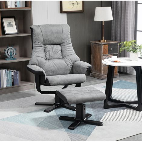 Fauteuil relax pivotant avec repose-pieds, inclinable à 135°, revêtement tissu gris, assise ergonomique, charge 120 kg pour salon, de CHICFURN (1/5)
