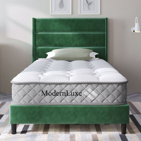 Lit rembourré 90 x 200 cm, Bettgestell mit Lattenrost & Kopfteil, lit double rembourré, couverture textile velvet en vert foncé, design moderne à l'époque, lit jeunesse (avec matelas)