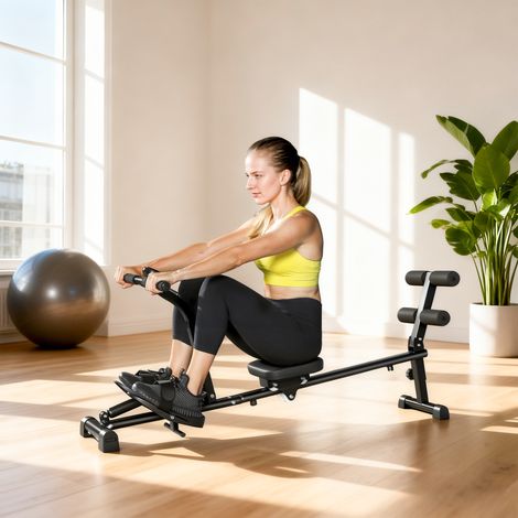 Rameur, appareil pour abdominaux, réglable sur 12 niveaux, appareil cardio 2 en 1, écran LCD, acier, plastique, noir (1/5)