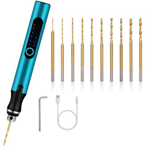 Mini perceuse électrique, mini perceuse électrique à main avec 10 petits forets, pour porte - clés, pendentif, cuir, bois, résine, plastique, bleu