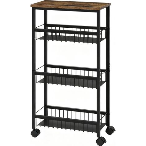 Desserte de cuisine étroite à roulettes 4 niveaux avec plateau MDF et 3 paniers, chariot de rangement mobile en métal noir et bois foncé pour cuisine salle de bain  CHICFURN (1/5)