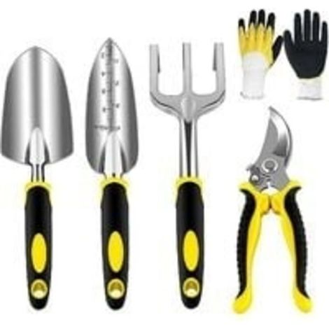 Gartengeräte-Set – Handgeräte-Set – Gartenset mit robusten Köpfen aus Aluminiumguss und ergonomischen Griffen – mit Gartenschere/Pflanzzange/Umpflanzwerkzeug/Handrechen/Handschuhen