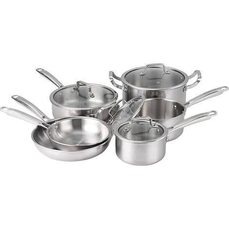 Juego de 10 piezas de utensilios de cocina de acero inoxidable con revestimiento antiadherente, asas que no se calientan y apto para placas de inducción. (1/5)