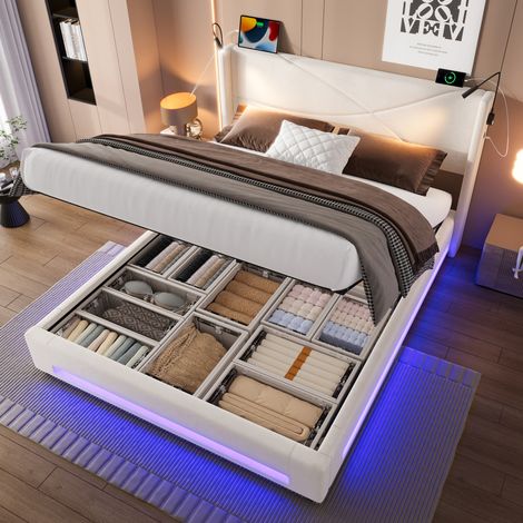 Letto con contenitore in velluto beige 140x200 cm con LED, luci da lettura, USB e rete a doghe (1/5)