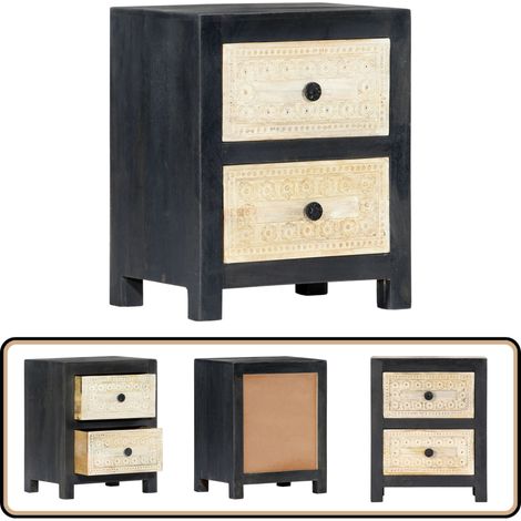 Nachttisch Handgeschnitzt Grau 40x30x50 cm Massivholz Mango - Nachttisch - Holznachtisch - Mangoholz Tisch - Wohnzimmer Deko - Schlafzimmereinrichtung