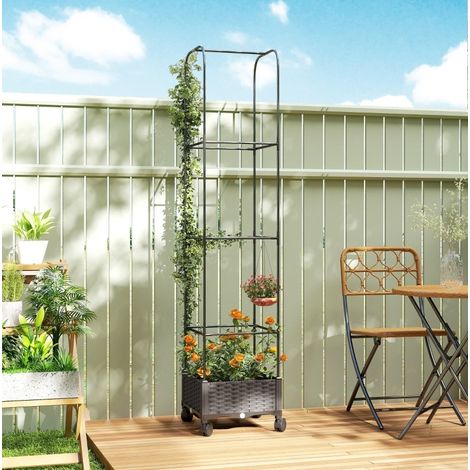Mobiler Pflanzkübel mit Rankgitter, 40 x 40 x 185 cm, 4 arretierbare Rollen, schwarz OKMYHOME (1/5)