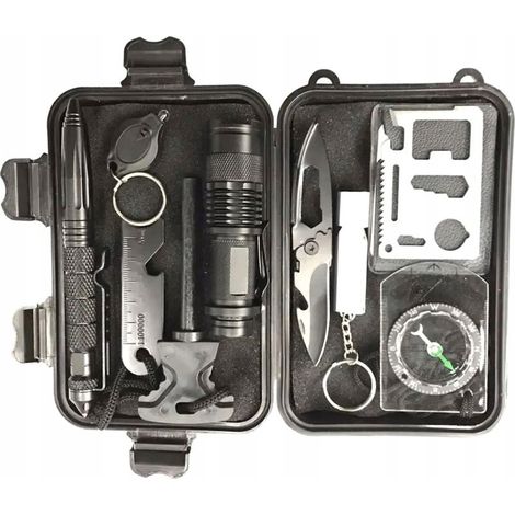 Boîte de survie 10-en-1 – Kit SOS compact en acier inoxydable – Outils multifonctions avec boussole, sifflet, allume-feu et couteau pliant pour camping, randonnée et urgences (1/5)
