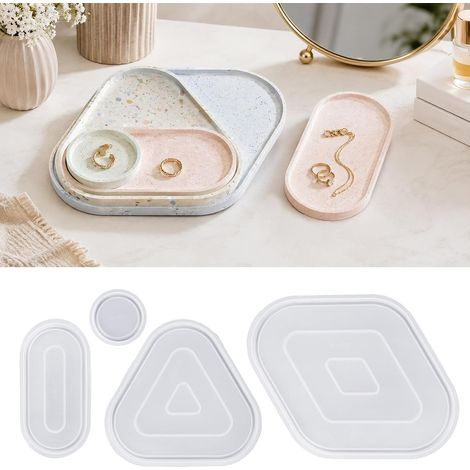 Set de 4 moules en Silicone – Moules pour béton, résine et plâtre, Formes géométriques avec Compartiment intégré pour Plateau à Bijoux DIY et décoration (1/5)