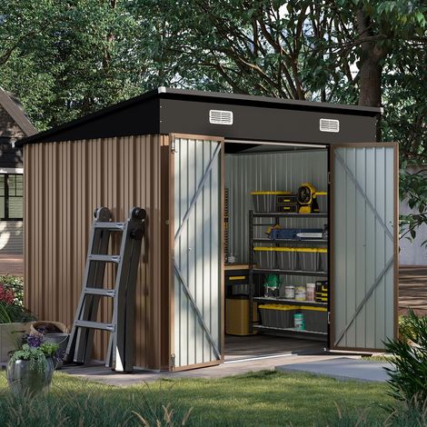 Aoxun Metal Garden Shed, Tool Shed with Lockable Door, Robust and Rust-Resistant Garden Cabinet, Slooping Roof, 8x6ft, Brown (1/5)