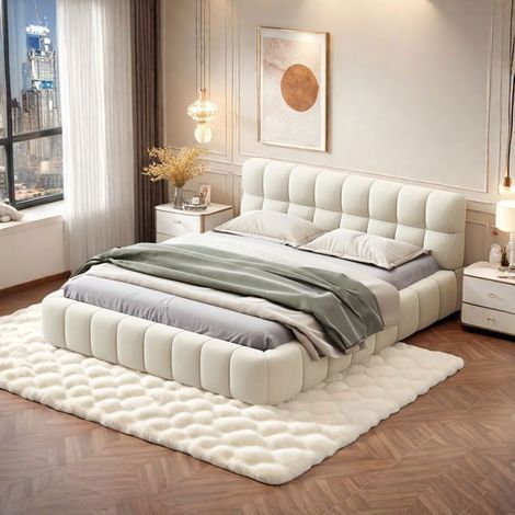 Bett für Erwachsene - TANANT - Modernes gepolstertes Doppelbett - 140 x 190 cm - Beige Leinenstoff - Zeitgenössisches Design