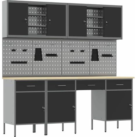 vidaXL Placard de travail 10 pcs Noir Bois d'ingénierie et acier