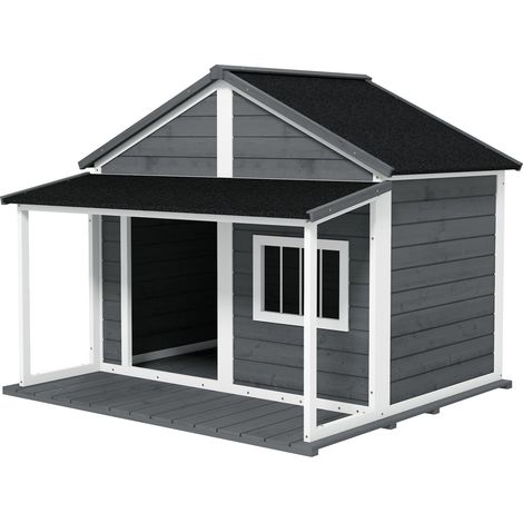 Casa Para Perros De Madera Maciza Casa Para Animales Pequeños Casa Para Perros Con Terraza Techo De Asfalto Caseta Exterior Resistente A La Intemperie Para Exteriores Gris 124 X 112 X 105 Cm