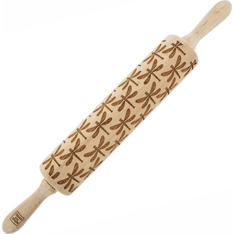 Mattarello in legno MoodForWood, inciso, 43 cm con manici, perfetto per la cottura al forno - Motivo libellula (1/5)