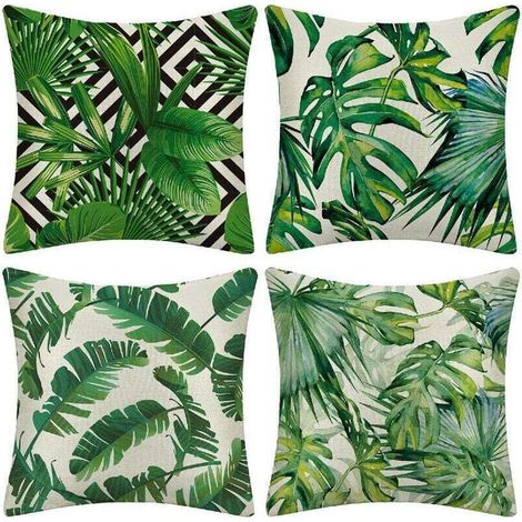 Extérieur Housse de Coussin, Lot de 4 Imperméable Plante Tropicale Verte Motif Canapé Taie d'oreiller pour Patio Jardin Salon Chambre Décoration, 45x45cm -Plantes Tropicales (1/5)