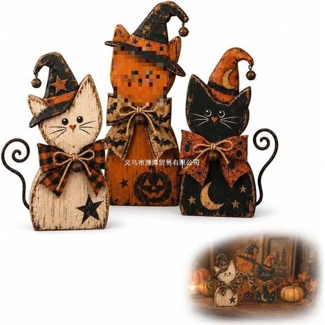 Ensemble de décoration fantôme vintage en bois - Ensemble lumineux fantôme - Chat noir -