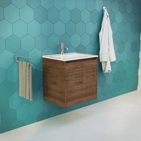 Inda - Meuble de salle de bain L.60 avec vasque brillante / Chêne (1/5)