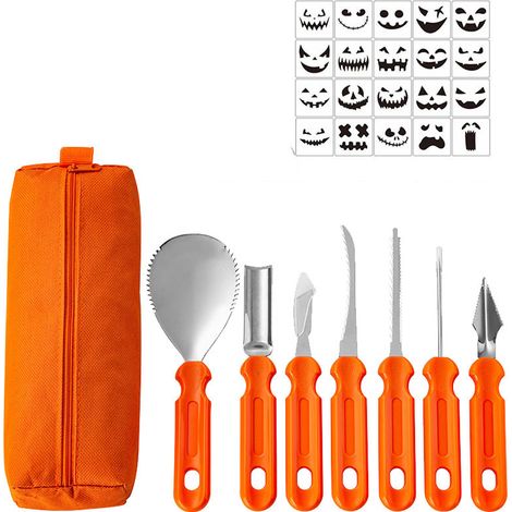 Kürbisschnitzset aus Edelstahl, 7-teiliges Halloween-Kürbisschnitzset mit 20 Schnitzvorlagen und Aufbewahrungstasche für Halloween (1/5)