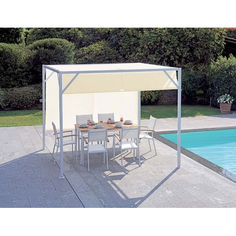 Pérgola cuadrada de 3x3 m de metal blanco mate con techo corredizo y lona de cobertura color crudo - Vico (1/2)