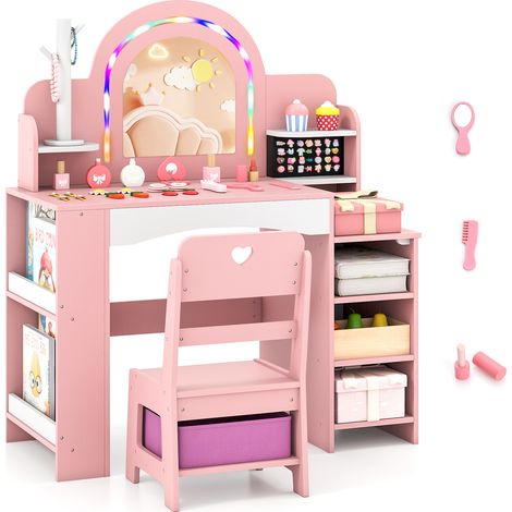 COSTWAY Kids Vanity Set with LED Lights 86x39x104cm MDF Dressing Table and Chair Pink (1/5)