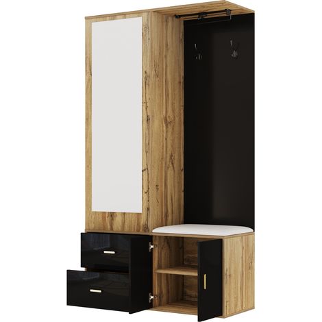 Armario recibidor con espejo y zapatero negro y madera 100x38x180 cm HOMVRA (1/5)