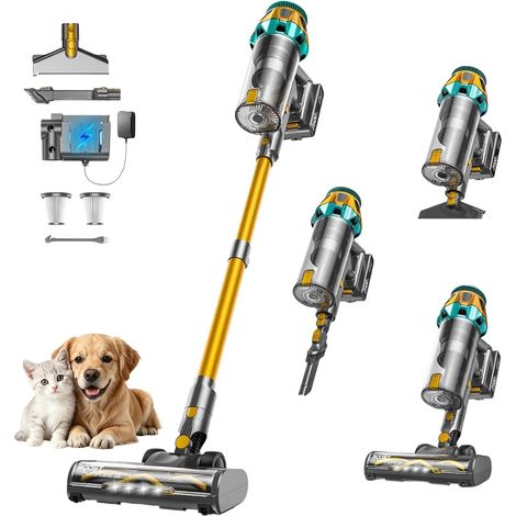 Aspirateur Balai sans Fil 50KPa/600W/60Mins, 1,8 L avec Brosse Anti-enchevêtrement, Tient Debout Tout Seul, Station de Recharge Murale, pour Tapis, Poils d'animaux, sols durs, Voiture, doré (1/5)