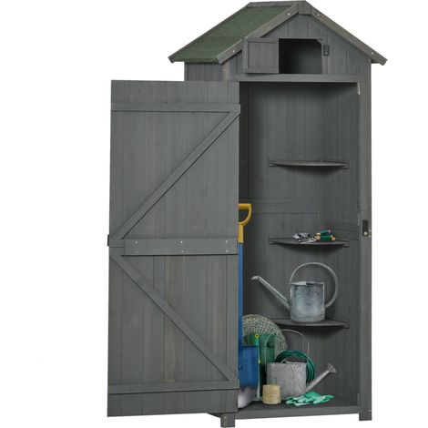 Armoire de jardin en bois gris avec toit étanche, fenêtre d’aération et 3 étagères amovibles, 77 x 54,2 x 179 cm, pour rangement extérieur CHICFURN (1/5)