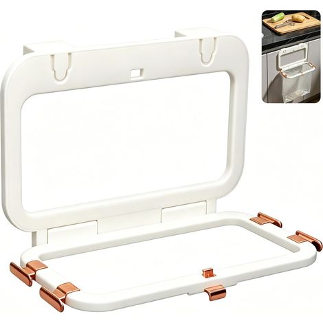 Porte-Sac Poubelle Suspendu Cuisine, Support Sac Poubelle Pliable avec Couvercle pour Porte de Placard, Installation Sans Perçage, Gain de Place pour Déchets et Rangement, Blanc Crème (1/5)