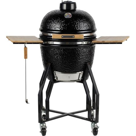 Barbecue à charbon de bois Céramique Kamado Noir 2 zones de cuisson Grill & Fumoir Ø56cm - Barbecue mobile + 2 tablettes INTEC (1/5)