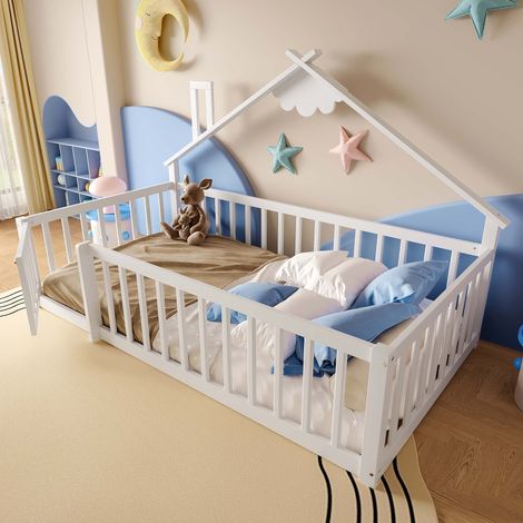 Lit enfant 90x190 cm, lit maison en pin, barrières de sécurité avec verrou, coloris blanc, sans matelas (1/5)