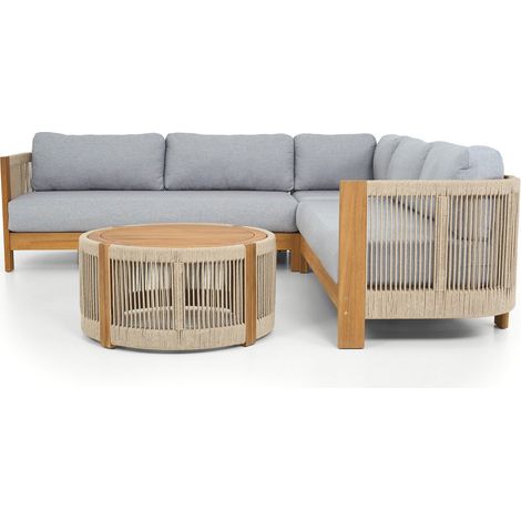 Homifab – Salon de jardin d'angle 5 places en bois d'acacia FSC – Coussins déhoussables gris chiné – Table basse ronde 80x80cm