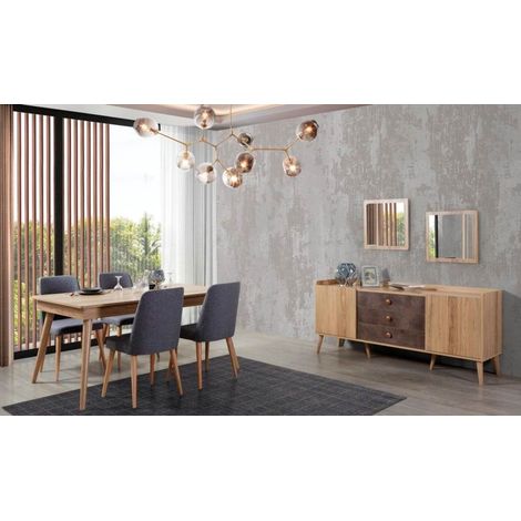 Azura Home Design – Salle à manger complète TOKYO Brun – Table extensible 160/200 x 90 cm – Buffet 180 x 46 x 57 cm – 4 chaises et 2 miroirs (1/5)