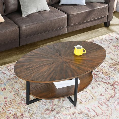 Padma House Massivholz Couchtisch rund für 2 Etagen, Ovaler Couchtisch im Modern-vintage Stil, Massivholzplatte & Kreuzförmige Eisenbeine, Kaffeetisch, Wohnzimmertisch, 110 x 66 x 45.5 cm, einfache Mo