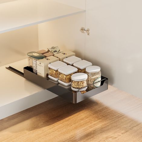 1pcs Pull Out Cabinet organisateur fixé avec Guide d’amortissement coulissant silencieux tablettes de garde-manger pour cuisine 43x20x7cm, noir (1/5)