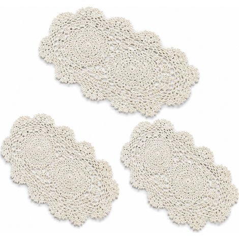 Sets de 3 napperons en crochet fait main, tapis de table en coton, 14x10 pouces, sous-verres en dentelle ovale vintage bohème pour la décoration de salle à manger et cuisine, blanc crème (1/5)
