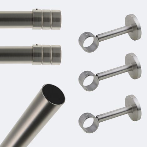 Kit de tringle à rideaux Nickel Mat 250cm Diam.28mm Embout Cylindre - Fixation Mur - Boulet (1/3)