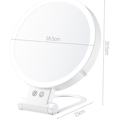Miroir de maquillage LED grossissant x10 avec éclairage - Double face, pour coiffeuse, commande tactile, pour des soins de la peau précis (cadre blanc) (1/4)